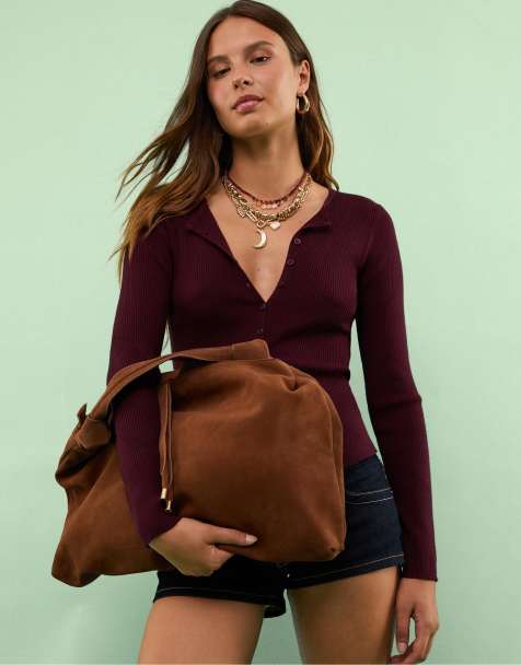 Stradivarius - Brun skuldertaske i ruskind med knudedetaljer - view 1