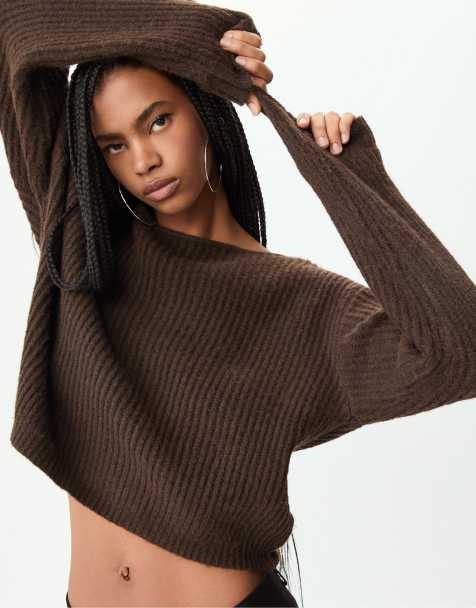 Stradivarius - Brun strikket sweater med bådudskæring - view 1