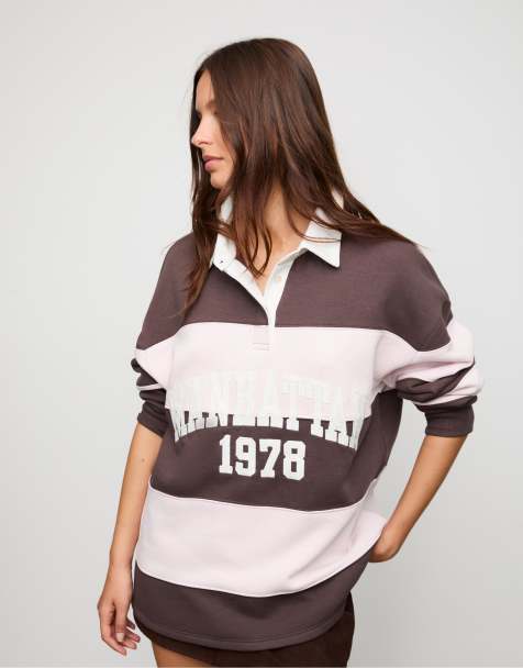 Stradivarius - Brun sweatshirt med stribet print og polokrave - view 1