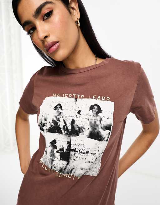 Stradivarius – Brun t-shirt i oversize med tryck