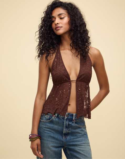 Stradivarius - Brun top med halterneck, pailletter og rhinsten - view 1