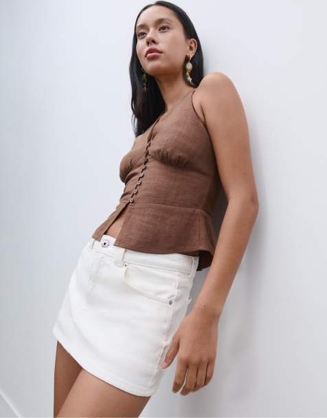 Stradivarius – Brun topp i linnemix med halterneck och knappar - view 1