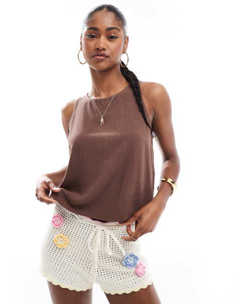 Stradivarius – Brun topp med brottarrygg i linnemix - view 1