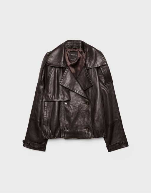 Stradivarius – Brun trenchcoat i 100% läder och oversized fit, 7 av 7