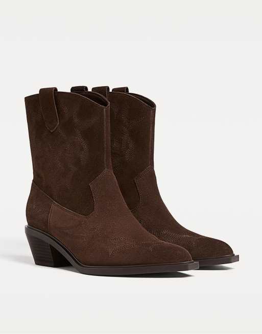 Stradivarius – Bruna ankelboots i cowboystil av läder, 3 av 4