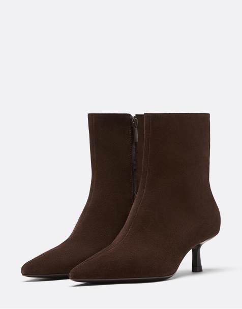 Stradivarius – Bruna ankelboots i delat läder med stilettklackar - view 1
