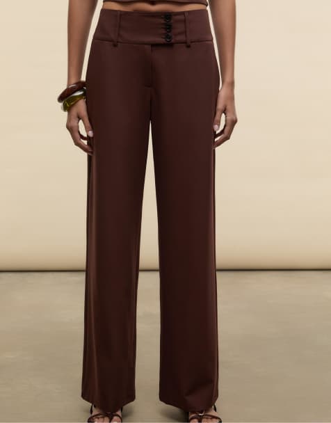 Stradivarius – Bruna finbyxor med brett midjeband - view 1