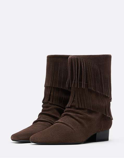 Stradivarius – Bruna, platta ankelboots i läder med fransar - view 1