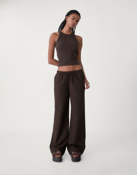 Stradivarius – Bruna, randiga byxor i linnemix - view 1