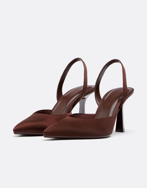 Stradivarius – Bruna skor med satineffekt och stilettklackar, 2 av 4