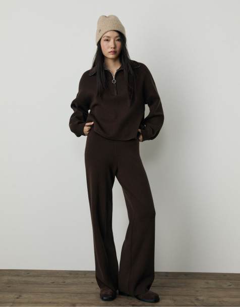 Stradivarius – Bruna, stickade byxor med vida ben - view 1