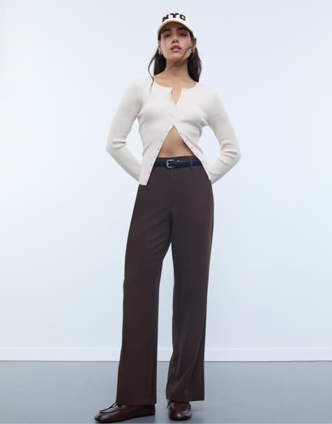 Stradivarius - Brune elegante flagrende bukser med lige ben og bælte - view 1