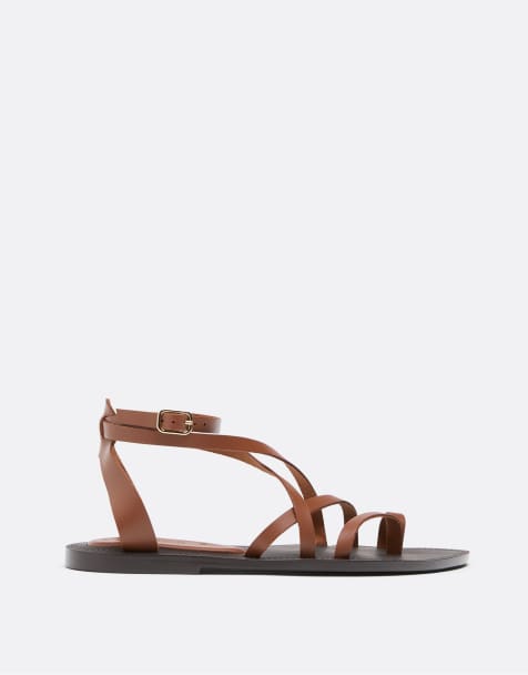 Stradivarius - Brune flade sandaler med bindebånd i læder - view 1