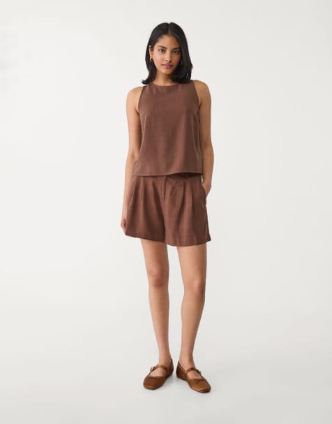 Stradivarius - Brune flagrende shorts i hørblanding - view 1