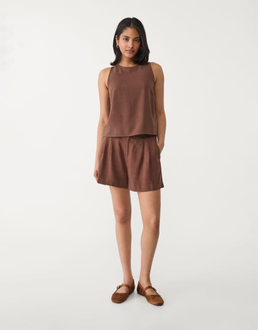 Stradivarius - Brune flagrende shorts i hørblanding