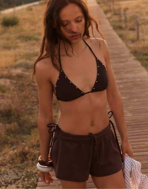 Stradivarius - Brune mikroshorts med opsmøget talje - view 1