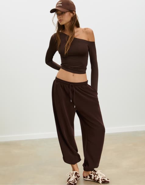 Stradivarius - Brune posede joggingbukser med blød finish - view 1