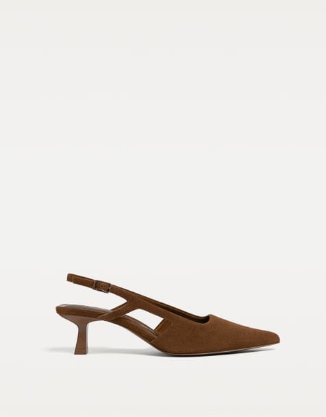 Stradivarius - Brune pumps med kittenheel og hældetalje i læder - view 1