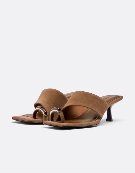 Stradivarius - Brune sandaler med kitten-hæl i læder - view 1