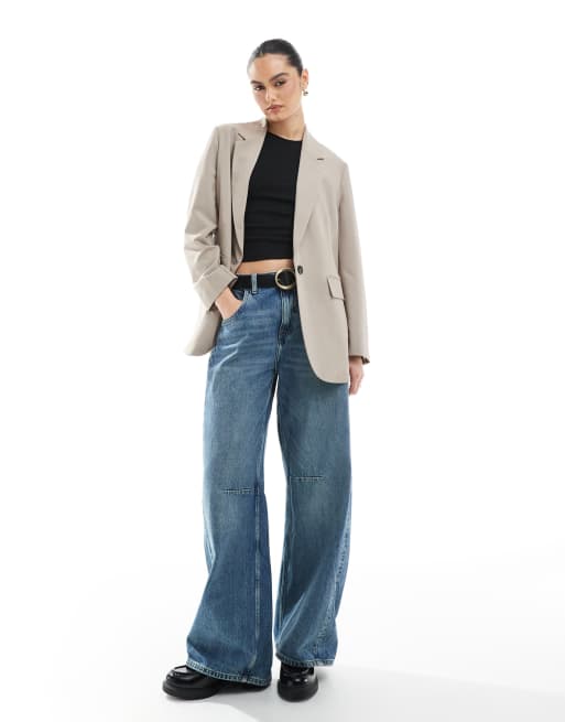 Stradivarius – Brungrå, enkelknäppt kavaj i oversize