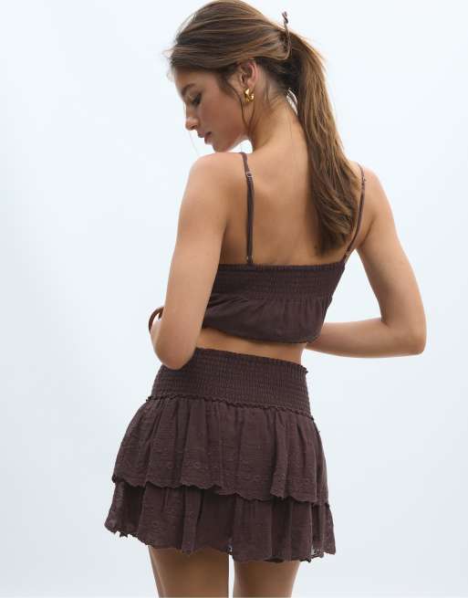 Stradivarius - Brunt skort med broderier i krølstof, 3 af 4