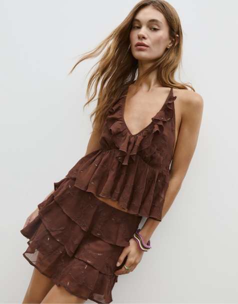 Stradivarius - Brunt skort med broderinger og flæser - view 1