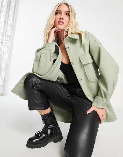 Stradivarius brushed overshirt in sage green