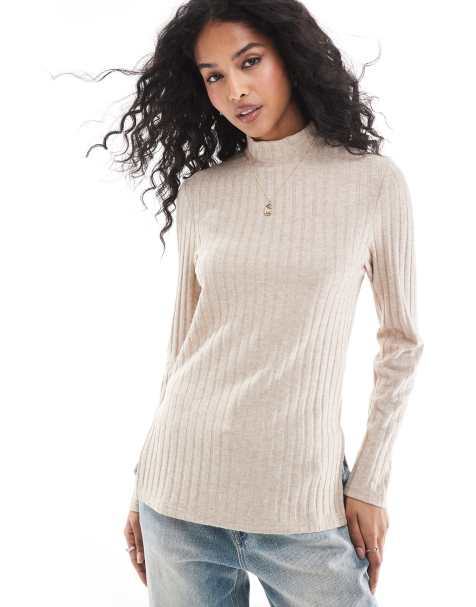 Stradivarius brushed ribbed long sleeve top in ecru
