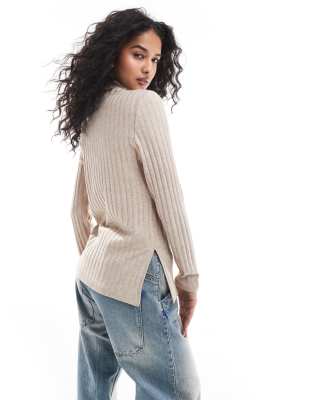 stradivarius brushed ribbed long sleeve top in ecru