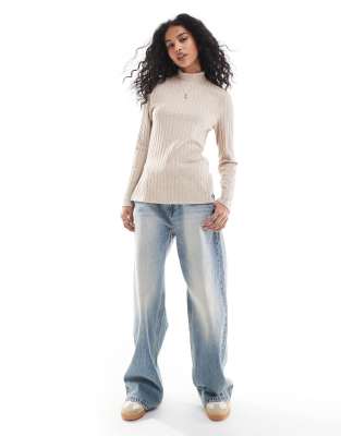 stradivarius brushed ribbed long sleeve top in ecru