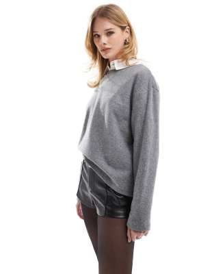 Stradivarius Brushed Round Neck Long Sleeve Top In Dark Gray-neutral
