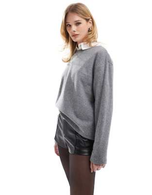 brushed round neck long sleeve top in dark gray-Neutral