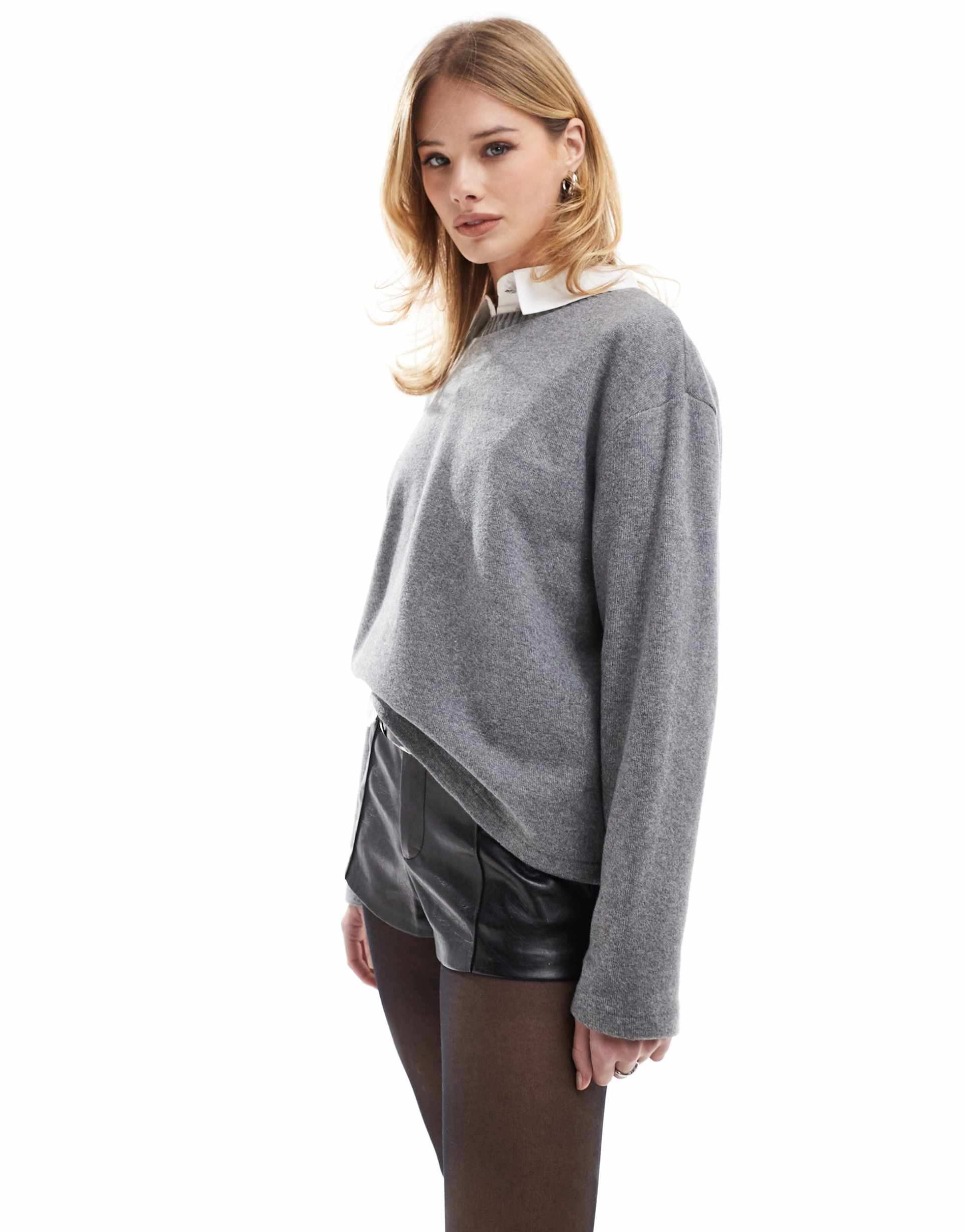 stradivarius brushed round neck long sleeve top in dark gray