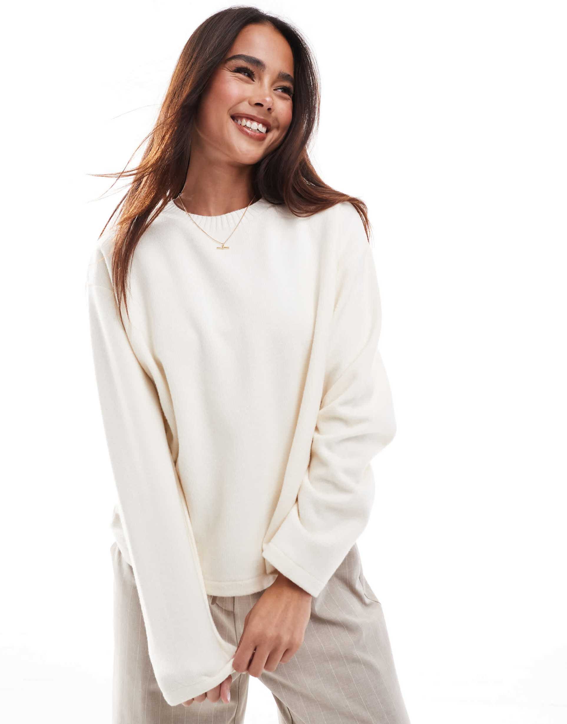 stradivarius brushed round neck long sleeve top in ecru