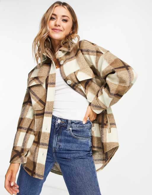 Stradivarius brushed shacket in beige check | ASOS