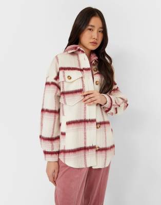 Stradivarius Brushed Shacket In Pink Plaidmulti ModeSens