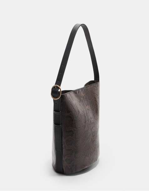 Stradivarius - Bucket tas met dierenprint en gesp in bruin - view 1