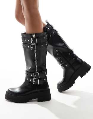 Stradivarius Buckle Detail Chunky Flat Knee High Boots In Black