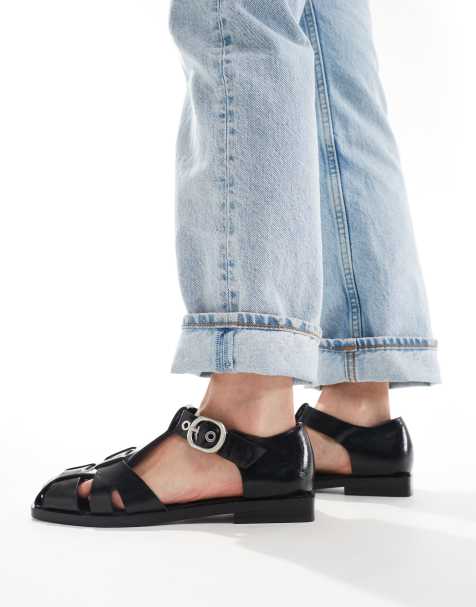 Stradivarius buckle detail covered toe sandal in black - view 1