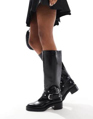 buckle detail heeled knee high boots in black