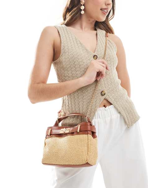 Stradivarius buckle detail mini handbag in beige - view 1