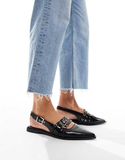 Stradivarius buckle detail pointed flat slingback shoes in black