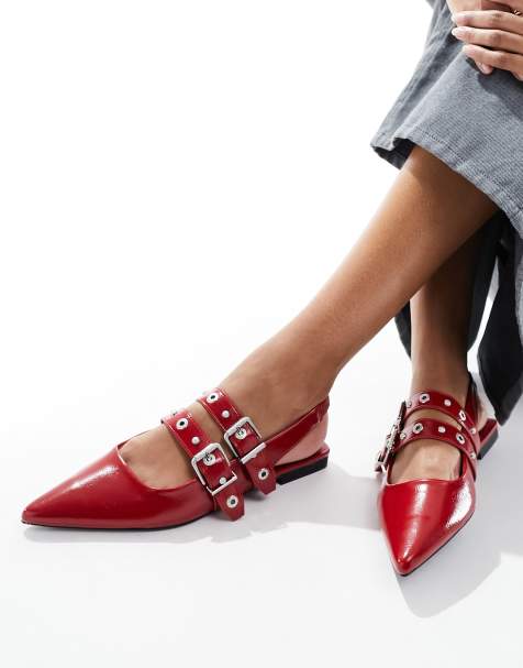 Stradivarius buckle detail slingback ballet shoes in red - view 1