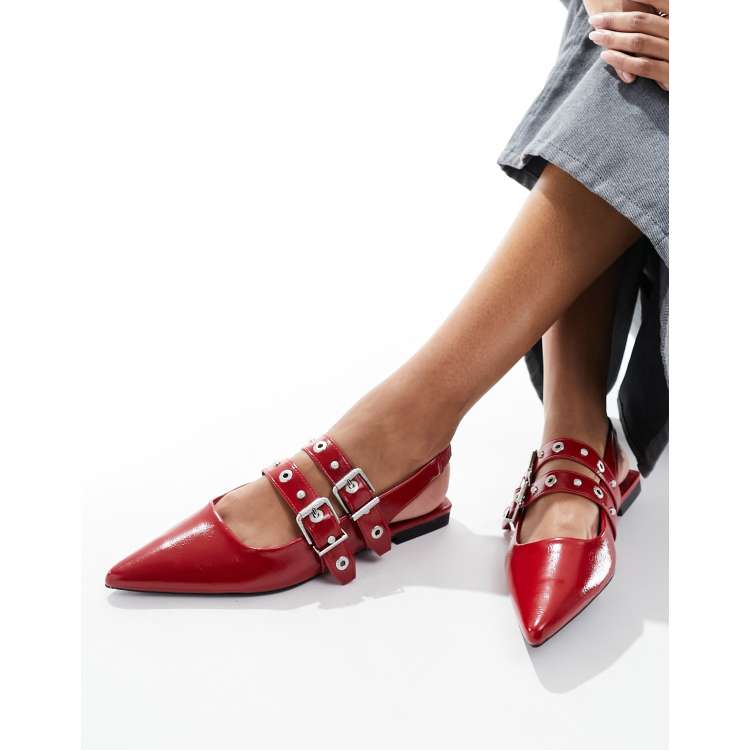 Stradivarius buckle detail slingback ballet shoes in red ASOS