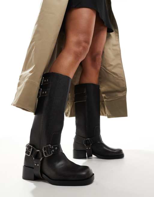 Stradivarius buckle moto boot in gray 