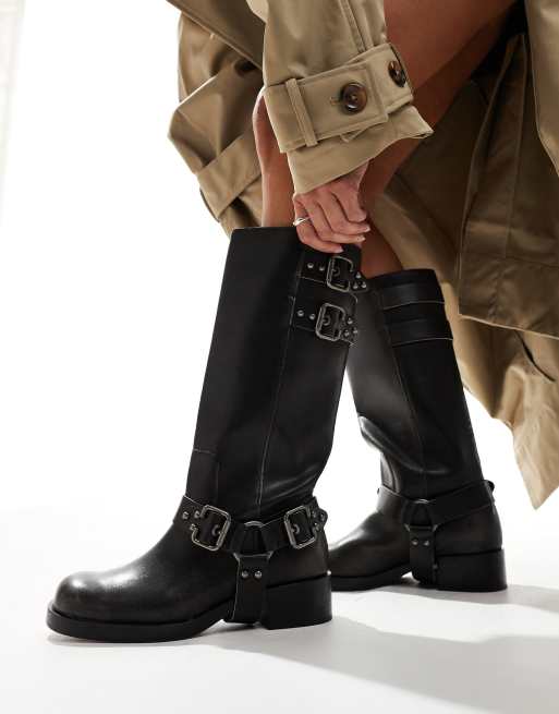 Stradivarius buckle moto boot in gray 