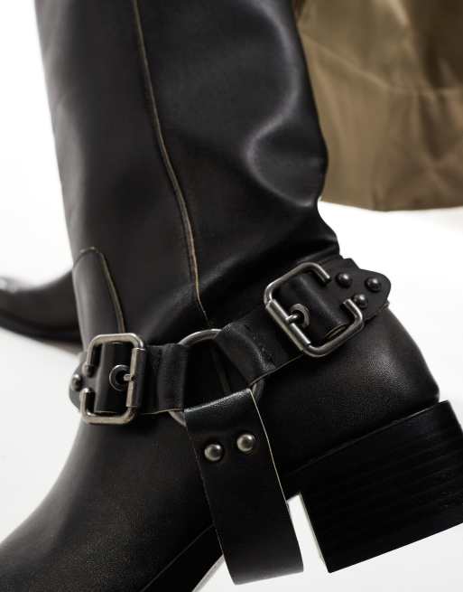 Stradivarius buckle moto boot in gray 