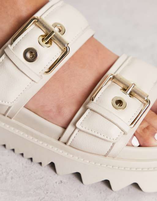 Stradivarius open back slip on loafer with buckle in ecru