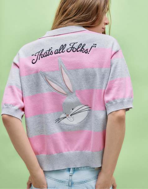 Stradivarius Bugs bunny knit polo shirt in pastel pink