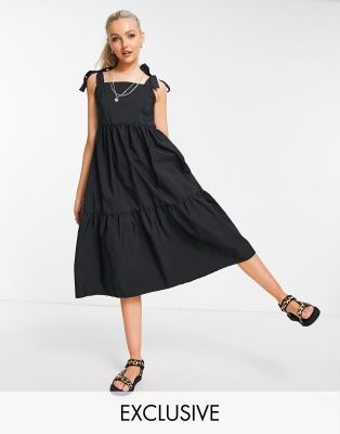 Stradivarius Poplin Mini Dress With Bunny Ties In Black In Black